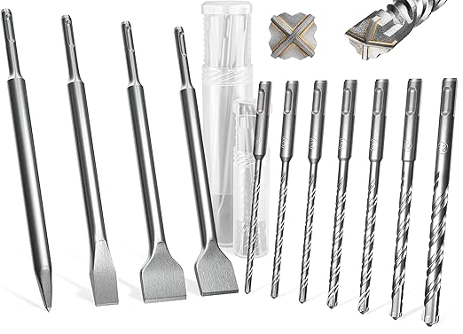 KSP-TEC® | Carbide - Cross Tipped SDS-Plus Rotary Hammer Drill and Chisle Bit Set with Storage Case for Masonry, Concrete, Brick, Stone (11pcs)