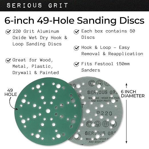 6-Inch 49-Hole 220 Grit Sanding Discs - Heavy-Duty Hook & Loop Film Discs - Sandpaper for Random Orbital Sanders - 50 Pack Box