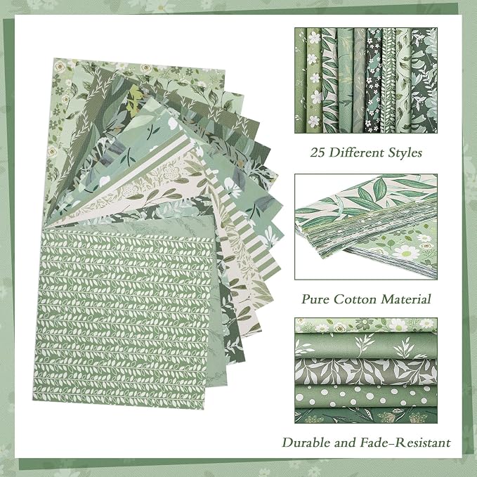 25 Pcs Sage Green Cotton Fabric Squares, 10 x 10 Inch, Precut | 25 assorted - Image 4