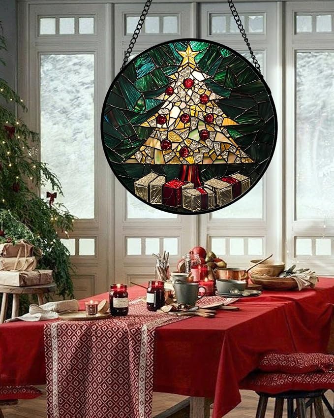 Stained Glass Window Hanging -Golden Christmas Tree Suncatcher - Image 4