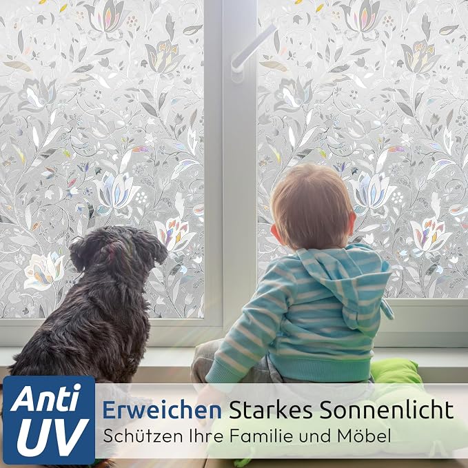 rabbitgoo Window Privacy Film, Stained Glass Cling, Tulip 23.6" x 78.7" | - Image 3