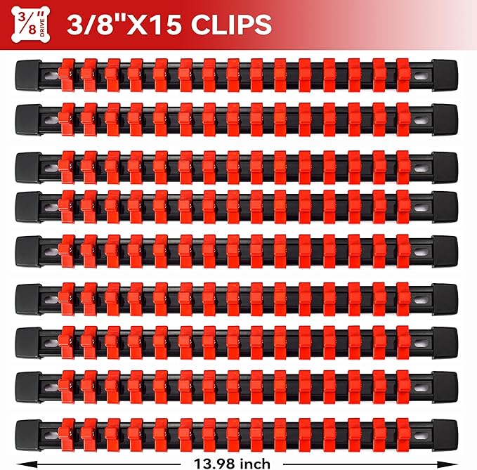 ALOANES 9 PC ABS Socket Organizer, 3/8 inch, Drive Socket Rail Holders, Heavy Duty Socket Racks, Black Rails with Red Clips