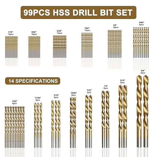 BeHappy 99 Pcs Drill Bit Set, 135° Tip Titanium Coated High Speed Steel, Twist Drill Bit Kit for Iron, Aluminum Alloy, Copper, Wood, Plastic, with Hard Storage 1/16“-3/8”