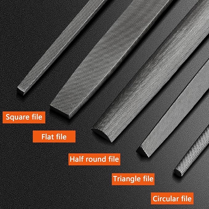 YKLP Needle File Set (Carbon Steel 5 PCS) Hardened Alloy Strength Steel - Set Includes Flat, Square, Triangular, Round, and Half-Round File(8'' Total Length)