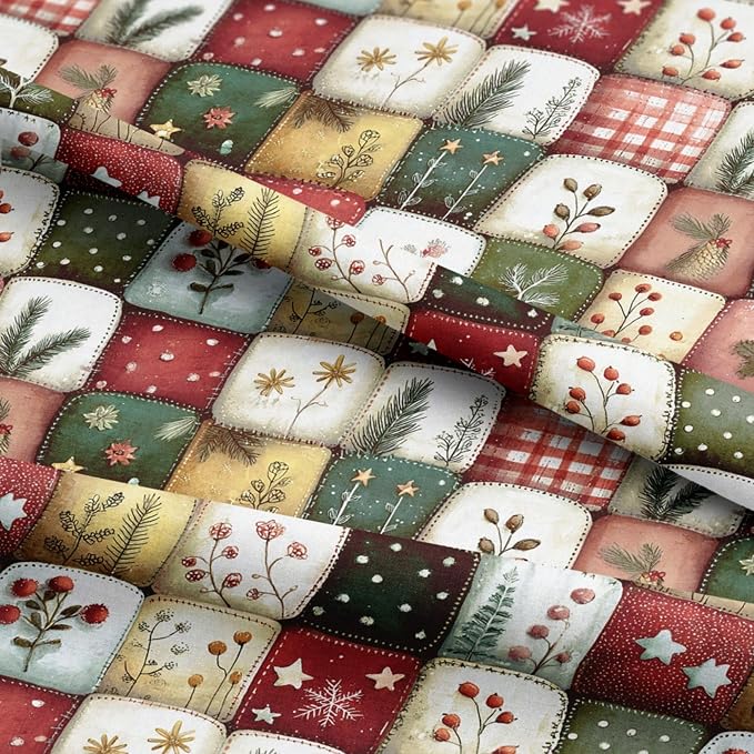 Patchwork Cotton Fabric Panel 61 x 36.6 Inches, Christmas Botanical Squares - Image 5
