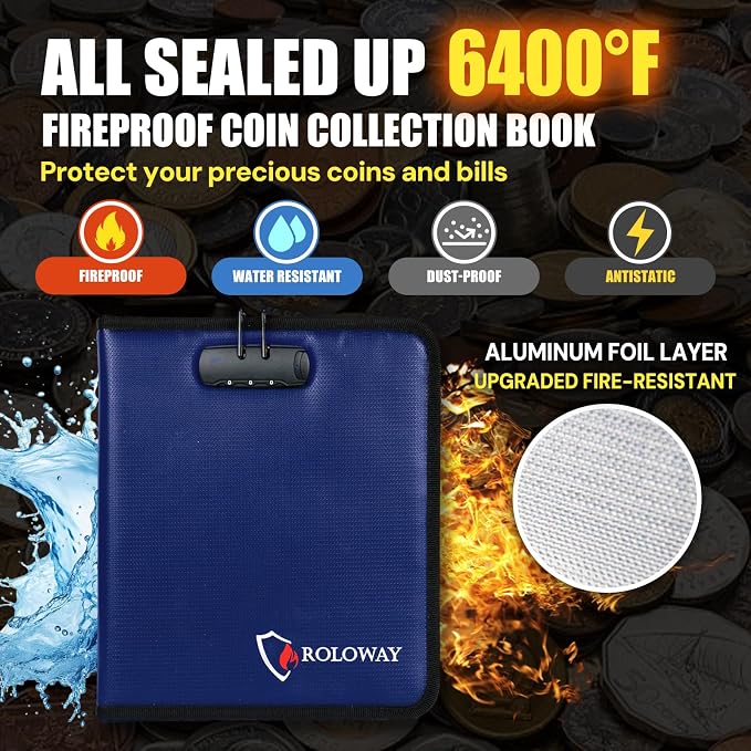 ROLOWAY Coin Collection Book 6400℉ Heat Insulated, 346 Pockets Fireproof Coin - Image 2