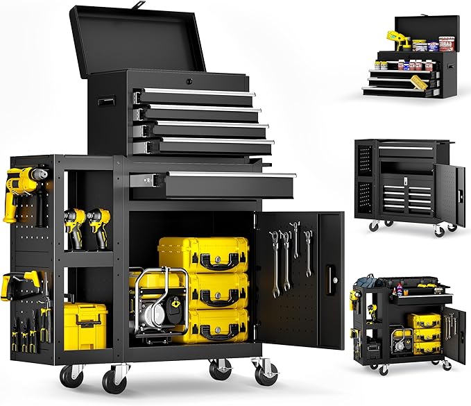 5 Drawers Rolling Tool Chest, Tool Box Detachable Top Metal Tool with Locking System, Protective Mat & Tool Rack, Garage Storage Cart with Side Cabinet, Tool Box for Garage