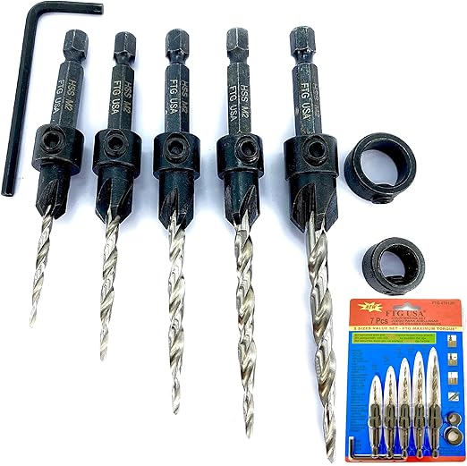 FTG USA Adjustable Wood Countersink Drill Bit Set 5 Pc Countersink Drill Bit #4#6#8#10#12 with Tapered Drill Bit for Woodworking