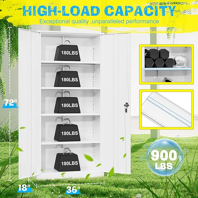 Pataku Metal Storage Cabinet, 72" Garage Cabinet with Doors and Shelves Lockable Steel Multifunctional Cabinets, White File Cabinets for Home, Office, Warehouse