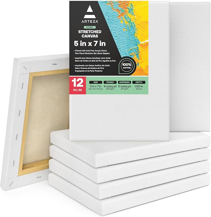 ARTEZA Stretched Canvas, 5 x 7 Inches, Blank White Canvas by ARTEZA