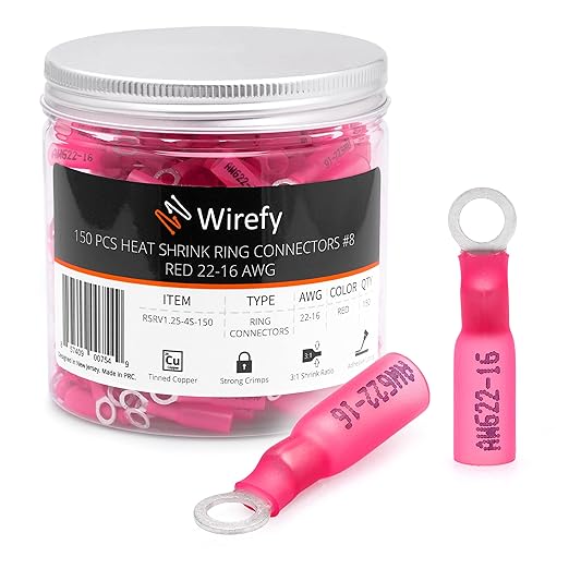 Wirefy 150 PCS Heat Shrink Ring Terminals #8 - a Resistant Ring Connectors - Eyelet Wire Connectors - Red 22-16 AWG