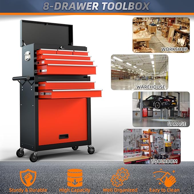 8-Drawer High Capacity Rolling Tool Chest with Wheels, Big Tool Storage Removable Tool Box Combo, Tool Storage Cabinet with Lockable Drawers, Toolbox for Workshop (Black&Red)