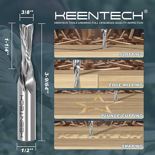 KEENTECH 1/2" Shank Downcut 2 Flute Flat Tip Sprial Router Bit for CNC Router Machine, 3/8" Cutting Diameter, 1-1/4" Cutting Depth, for Wood Cutting, Custom Furniture, Slot Mortise, Engraving