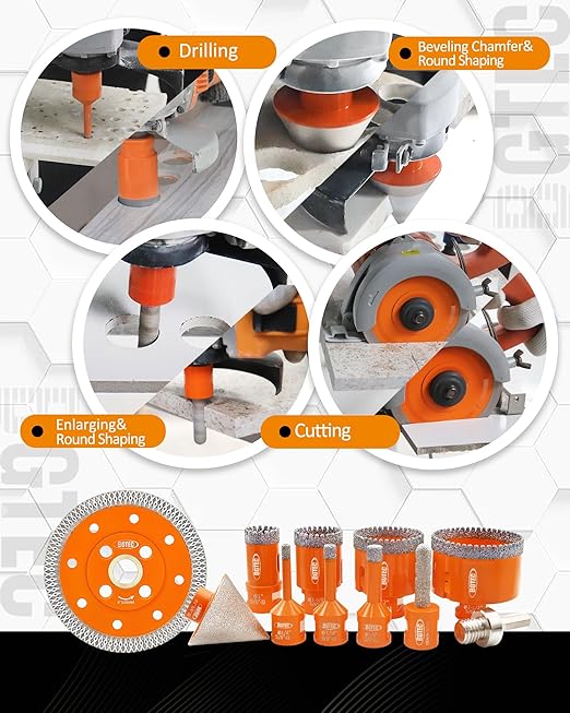 BGTEC Diamond Hole Saw Kit - 10PCS 6/8/10/25/35/50/65mm Drill Bits & 10mm Milling Finger Bit & 50mm Chamfering Bit & HEX & 100mm Tile Blade for Porcelain Tile Ceramic Granite Marble Stoneware