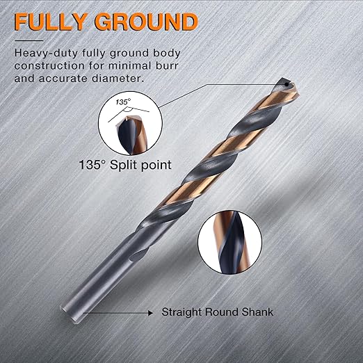 29Pcs Cobalt Drill Bit Set, 135 Degree Tip High Speed Steel with Black and Gold Finish, Stainless Steel, Plastic, and Wood with Metal Indexed Storage Case 1/16"-1/2"