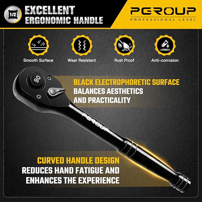 1/2-Inch Drive Ratchet Wrench, 90 Tooth Reversible Ratchet, 4-Degree Swing, Ergonomic Handle, Chrome Alloy Made, Quick Release Ratchet Wrench for Repairing, Home