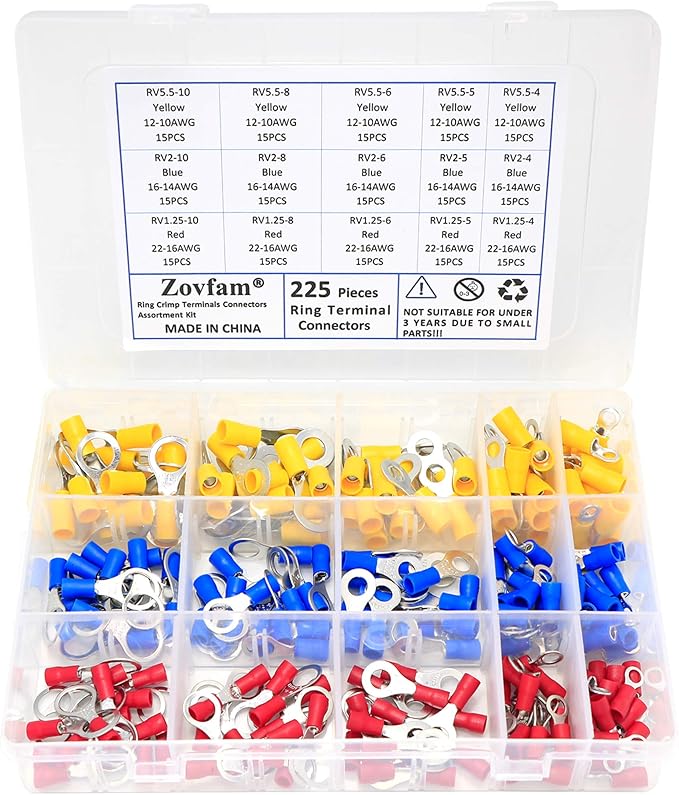 225Pcs Ring Terminals Electrical Wire Crimp Connectors Assortment Kit Yellow, Blue, Red