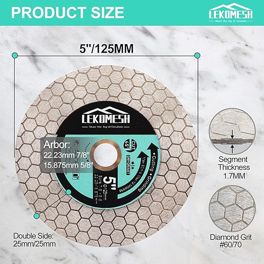Tile Blade 5"/125mm - 2pcs Diamond Saw Blade Hexagon Design for Cutting and Grinding Granite Marble Ceramic Porcelain Tile,Arbor 7/8"-5/8"
