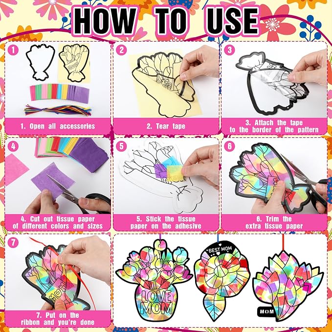 Eersida 32 Pcs Mothers Day Suncatchers Paper Craft Set DIY Flower Shaped - Image 4