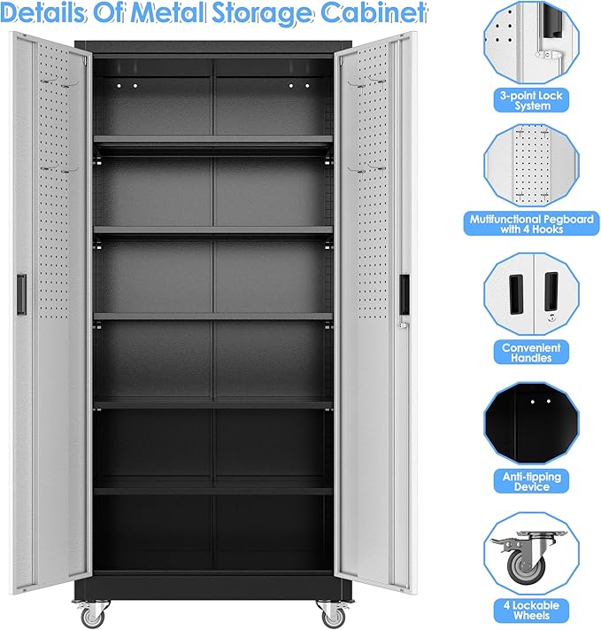 Aobabo Upgrade 71H''*34''W*18''D Metal Garage Storage Cabinet with Wheels and Pegboards, 5 Adjustable Shelves Steel Storage Cabinets for Home,Warehouse,Garage,Assembly Required,Black and Sliver