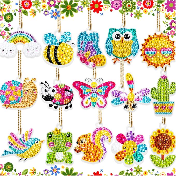 FFNIU Diamond Art for Kids, 15 Pack Diamond Art Painting Keychains, DIY Gem 5D by FFNIU