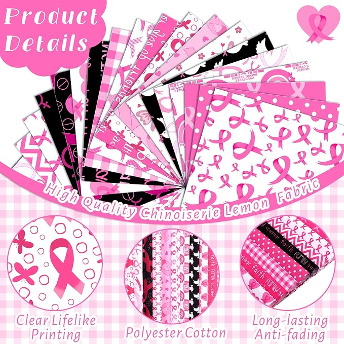 HunnmingRe 20 Pcs 10''x10'' Pink Ribbons Quilting Fabric Square Breast Cancer - Image 5