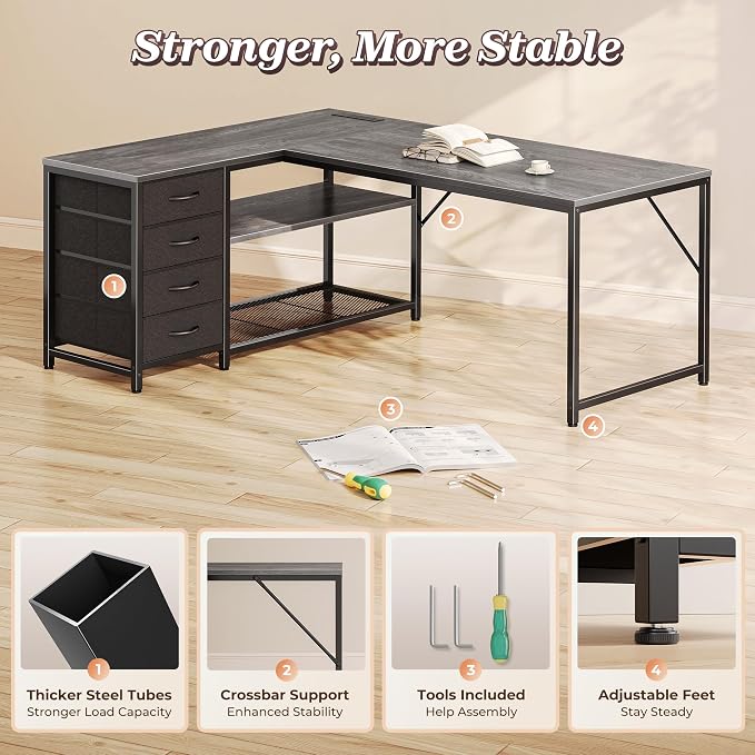 PRAISUN 53" L Shaped Desk with Power Outlets & USB-C Port, Reversible Computer - Image 8