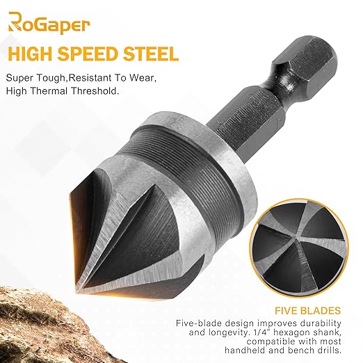 5 Pcs Countersink Drill Bit Set, 82 Degree 5 Flute High-Speed Steel Countersink Drill Bit with 1/4” Hex Shank, 1/4" to 3/4" Size for Machinable Metals, Wood, Carbon Steel, in Aluminum Case
