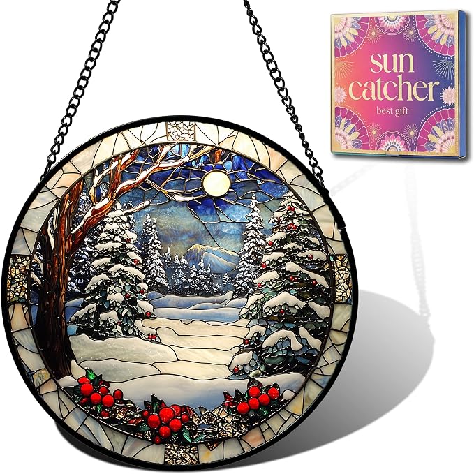 Cedar Snowscape Acrylic Suncatcher Faux Stained Glass Window Hanging 7.8" | by Unknown