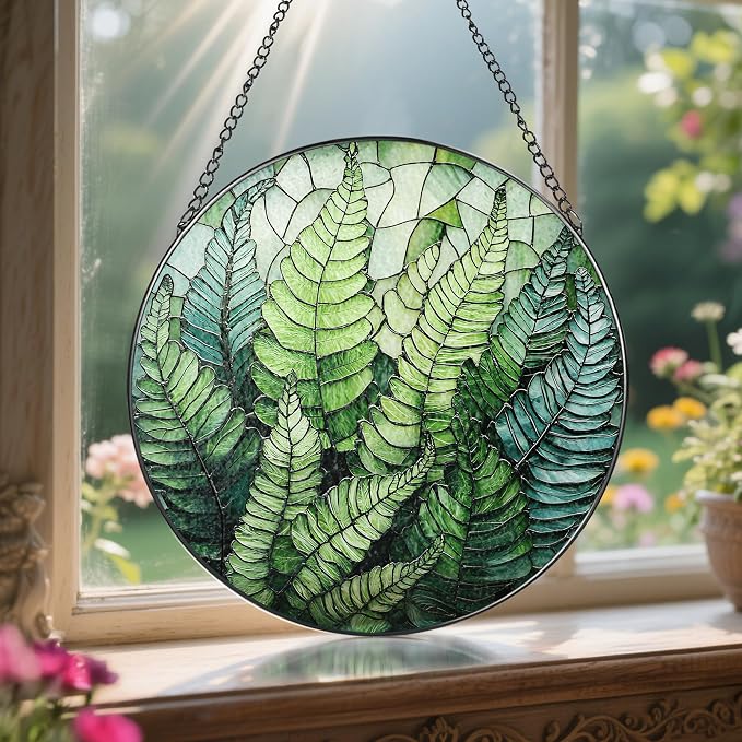 8'' Fern Plant Sun Catcher Ornament, Stained Glass Window Hanging, Sun Catchers - Image 5