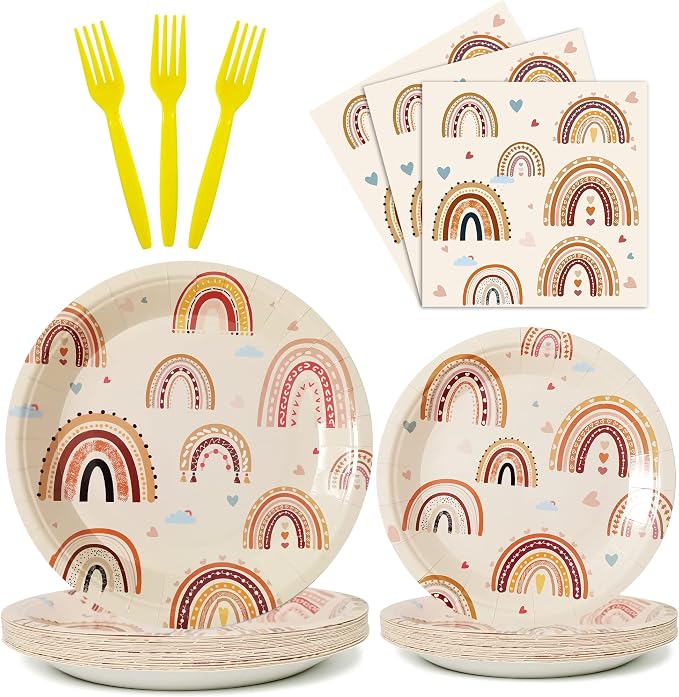 Boho Rainbow Party Plates Napkins Decorations Serves 24, Groovy Hippie Party by partygreeting