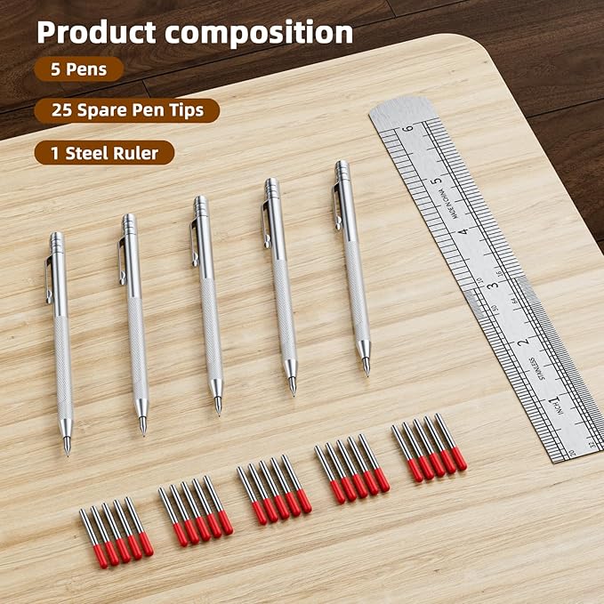 5-Pack Tungsten Carbide Scriber, Metal Scribe Tool with 25 Replacement Marking Tips & Steel Ruler - Knurled Aluminum Handle & Magnet, Engraving Pen for Glass/Ceramics/Metal Sheet (5)