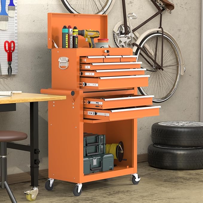 8-Drawers Large Tool Chest, 2-in-1 Detachable Garage Rolling Tool Box Metal Tool Storage Cabinet Removable Lockable Tool Cart with Wheels and Drawers