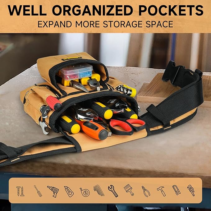Tool Belt,Magnetic Tool Pouch,27-Pockets Heavy Duty Padded Tool Belts for Men,Detachable & Adjustable Tool Pouch Bag for Electrician,Carpenter,Construction,Work Apron,Utility Belt,Black,Brown