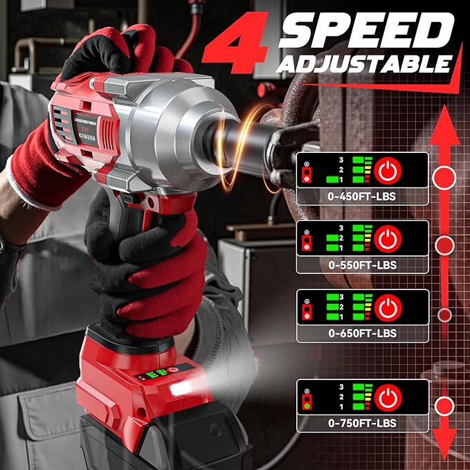 Cordless Impact Wrench 1/2" Compatible with Milwaukee 18v Battery, 750 Ft-lbs High Torque Impact Driver with 6Pcs Sockets & Storage Case, Brushless Impact Gun with 4-Speed & LED Light(Bare Tool)
