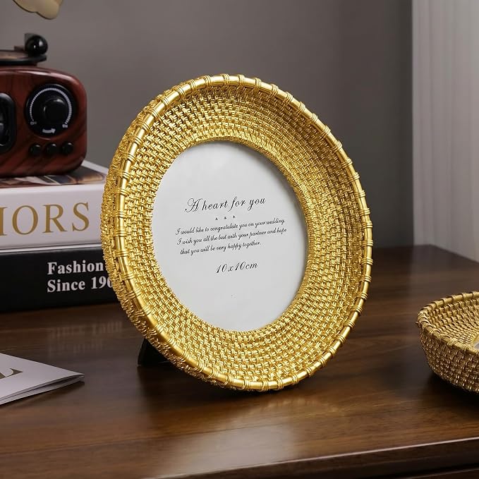 Cuspin 4x4 Round Gold Picture Frame, Vintage Woven Circle Photo Frame - Image 3