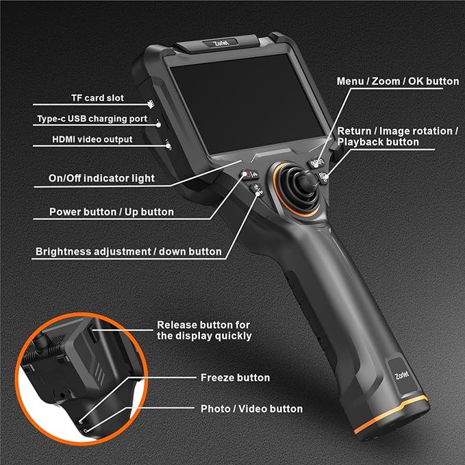 360 Articulating Borescope, 5" Monitor, 6.2mm Industrial Inspection Camera with 4-Way Joystick Articulation and 3.3FT Semi-Rigid Snake Tube, HD Endoscope for Automotive, Pipe & Equipment