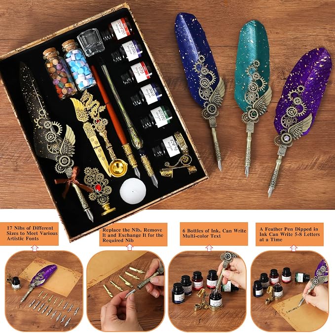 Aifeiter Feather Pen Ink Set, Wax Seal Stamp, Feather Calligraphy Pen, Birthday - Image 5