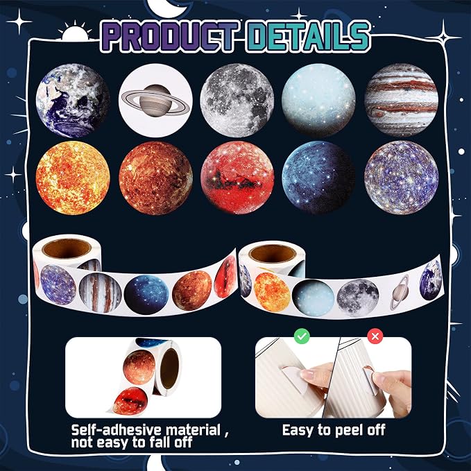 Lincia 500 Pcs Solar System Stickers Bulk Educational Planets Roll Space - Image 3