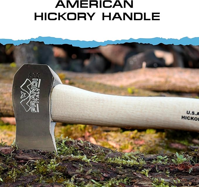 Prandi Axes Camping C45 Forged Carbon Steel Hatchet - Hickory Handle with Leather String - Ideal for Camping, Travel and Bushcraft - S/N 3.051.05.CH - 13" L x 5.22" W, 500g Polished Head, No Sheath