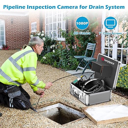 Sanyipace Drain Camera, Sapphire Lens, Remote Control, 5X Zoom in, 1080P FHD, Battery Level Display, 12 Adjustable LEDs, Plumbing Snake, Waterproof Pipe Inspection Camera, 16GB TF Card, 65FT/20M