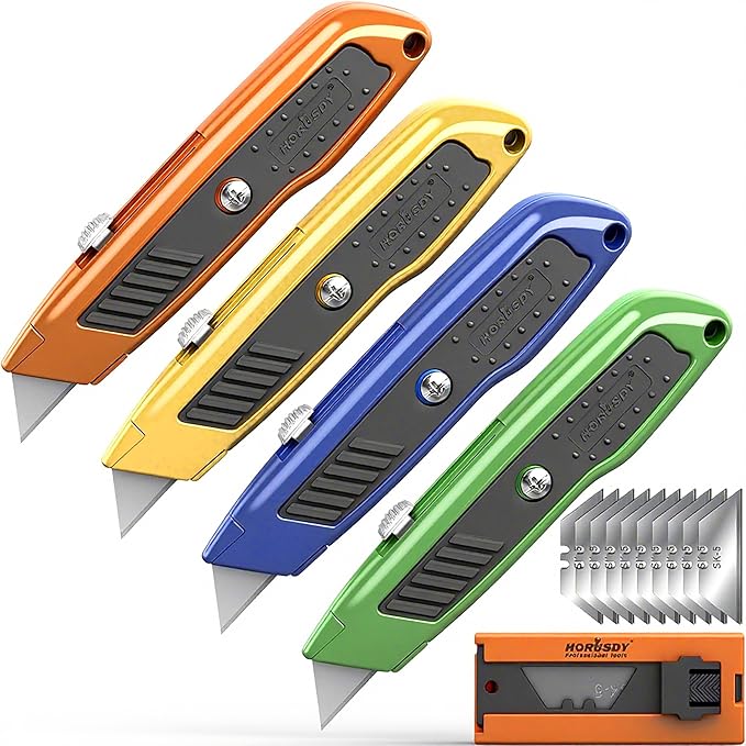 HORUSDY 4-Pack Box Cutter Utility Knife, Heavy Duty Aluminum Shell Retractable Box Cutter for Cardboard, Boxes and Cartons, Extra 10 Blades