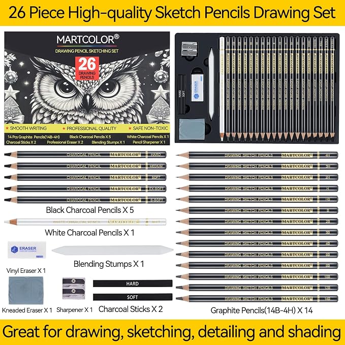 MARTCOLOR 26 Pcs Drawing Sketching Pencil Set, Graphite Pencils | Charcoal - Image 2