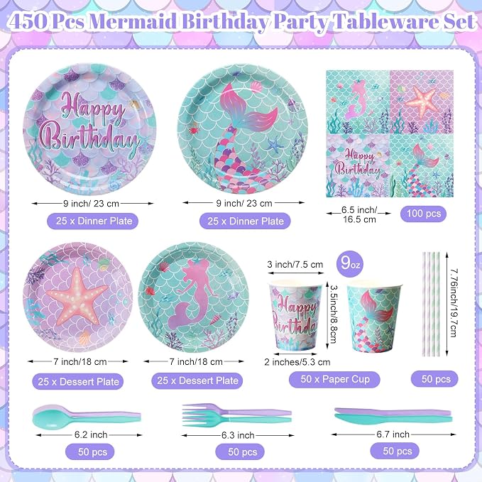 450 Pcs Mermaid Birthday Party Tableware Set Decorations Mermaids Paper Plates - Image 2