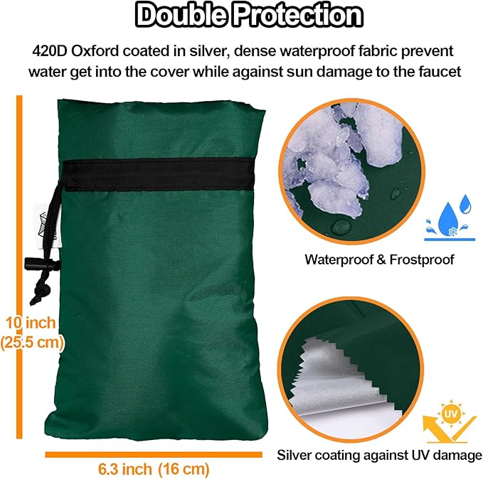 Enlarge Outdoor Faucet Cover for Winter Freeze Protection, 3M Thinsulate, 10"H x 6.3"W Hose Bib Covers for Wall Taps Outside, Waterproof & Frost Free Insulated Spigot Cover, 2 Pcs Faucet Socks - Green