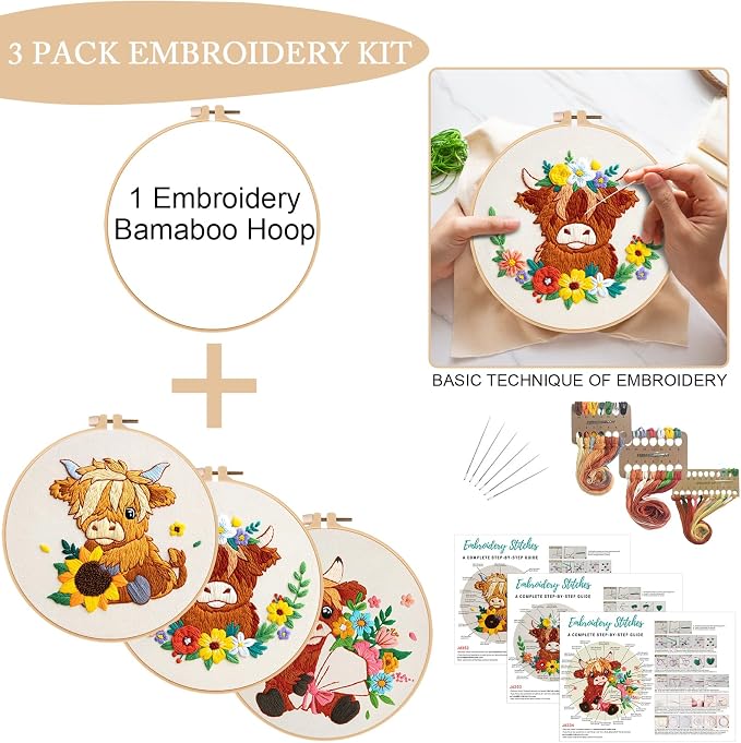 Nuberlic Highland Cow Embroidery Kit 3 Pack Embroidery Kits - Image 4