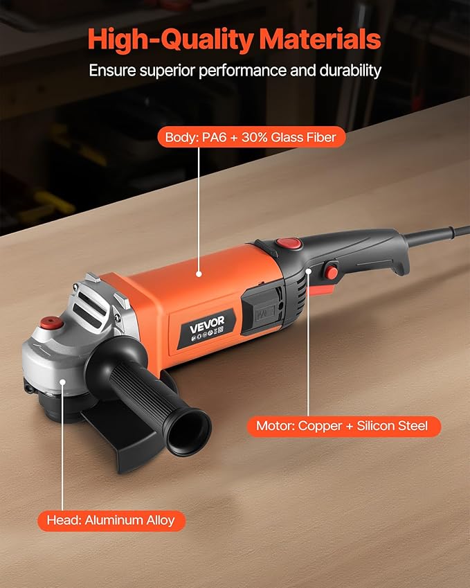 VEVOR Angle Grinder, 7" Electric Grinder Power Tool, 13Amps 8500RPM High-Speed Corded Angle Grinders with 270° Adjustable Dust Guard for Metal Grinding, Cutting, Rust Removal (Disc Not Included)