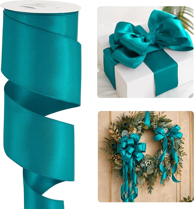HUIHUANG Teal Wired Ribbon 2.5 inch Peacock Blue Satin Wire Ribbon by HUIHUANG