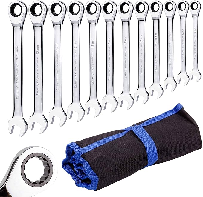 Ratchet Spanner Set Combination Wrench 12 Piece Metric Sizes from 8mm to 19mm with Roll Bag, Perfect for Home, Bike, Car Repairs