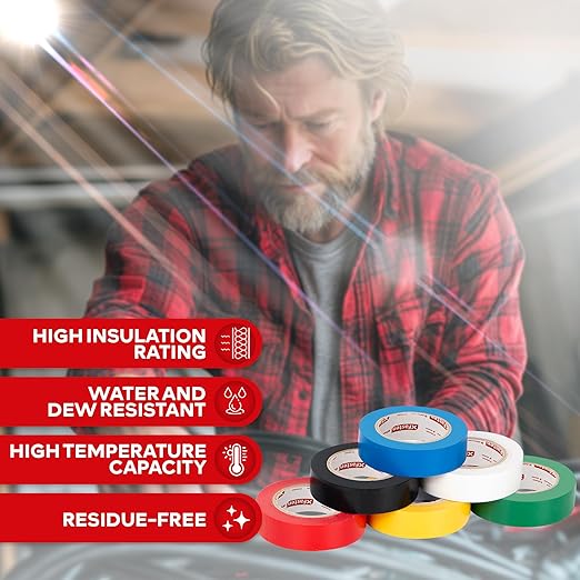 XFasten Electrical Tape 3/4 Inch x 66 Feet 12-Pack (792 Feet Total) UL/CSA Listed High Temp Residue-Free Vinyl Automotive Electric Tape Waterproof (Multicolor, 3/4 Inch x 66ft (12-Pack 792 ft Total))